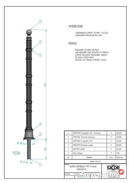 SŁUPEK OGRODZENIOWY ŻELIWNY H1400mm ULICZNY Pozostałe Gołdap