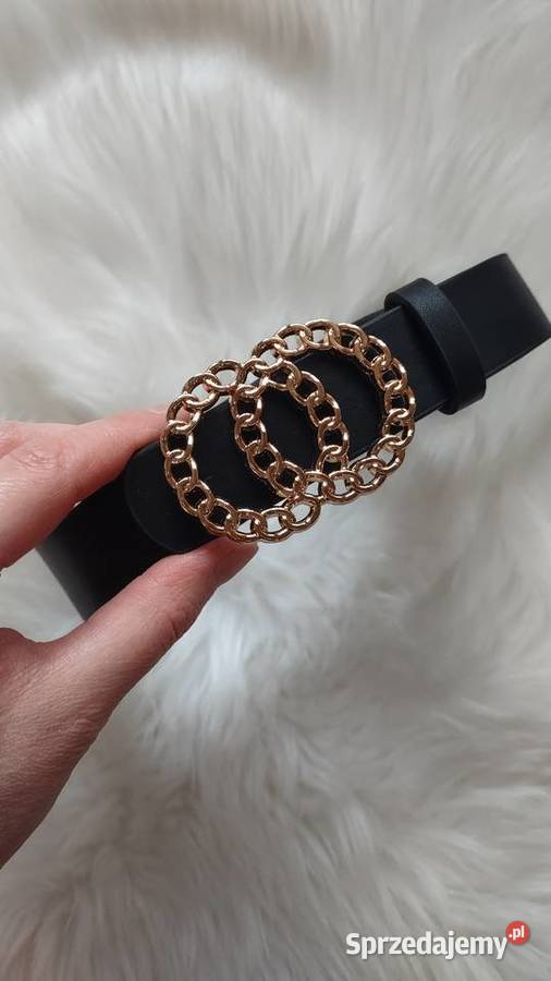 Czarny pasek z ozdobną złotą klamrą L Olkusz