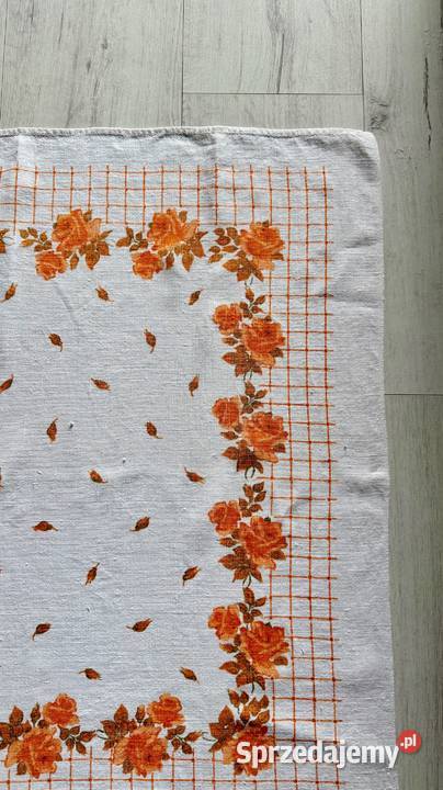 Obrus w kwiaty len 80x70 duży biały pomarańczowy łódzkie Łódź