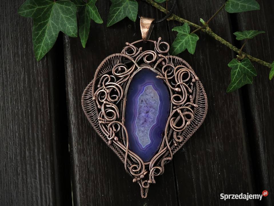 Zjawiskowy wisior fioletowy agat rękodzieło Wieliczka