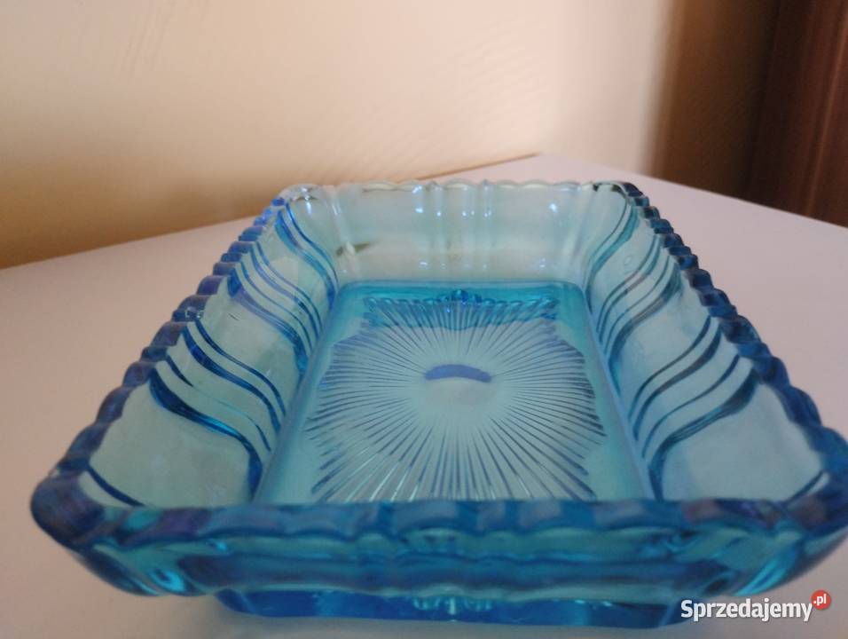 PRL turkusowa patera szkło art deco łódzkie Łódź