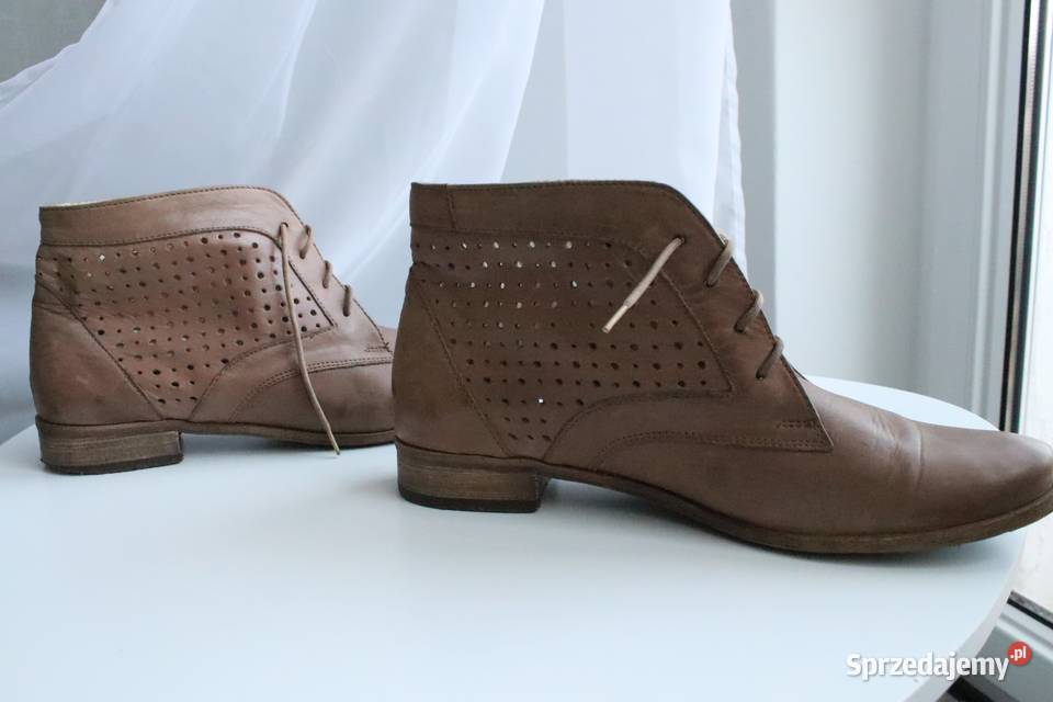 Skórzane beżowe brązowe ażurowe sznurowane botki dolnośląskie Wrocław sprzedam