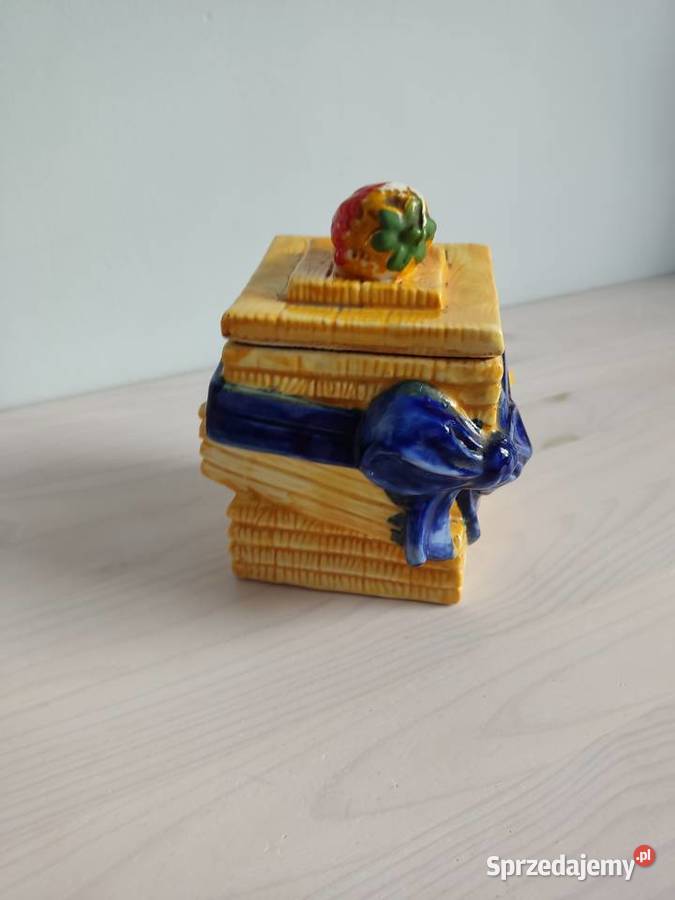 Pojemnik ceramiczny żółty z niebieską kokardką i Głuchołazy