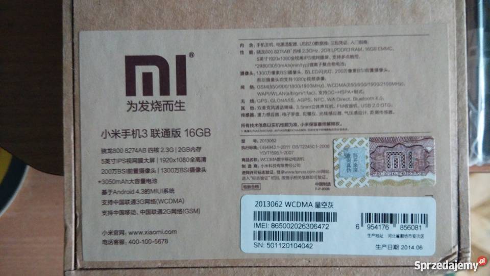 NOWY XIAOMI MI3 16GB 4x23GHz WCDMA Czarny Tarnobrzeg sprzedam