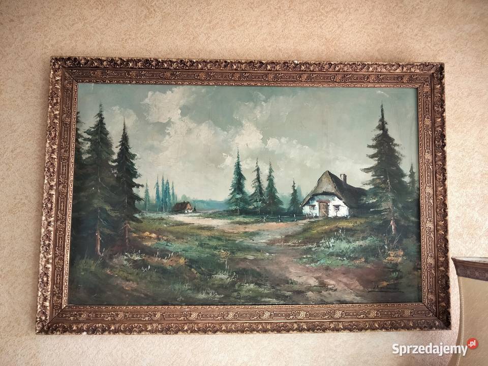 Stary ręcznie malPłótno olej duży gabinetowy Gniezno