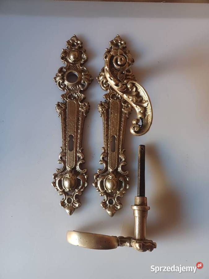 Komplet pięknych mosiężnych starych klamek i Poznań
