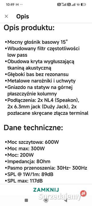 Sprzedam subwoofer pasywny Września