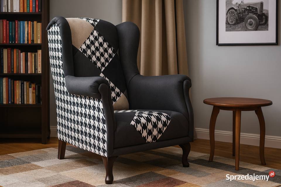 Fotel Uszak Nowoczesny Czarno Biały Welurowy 67cm Kazimierz Biskupi