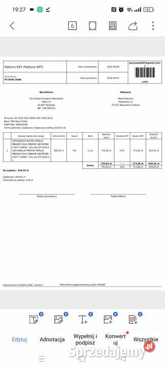 Motor Aprilla na akumulator 2x45W Wiązownica sprzedam