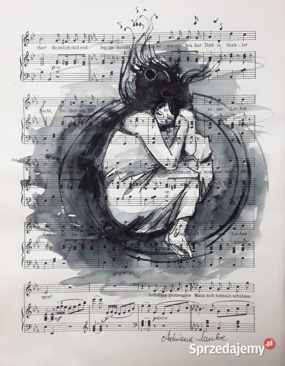 TAKA PEŁNIA akwarela na papierze z nutami Katowice sprzedam