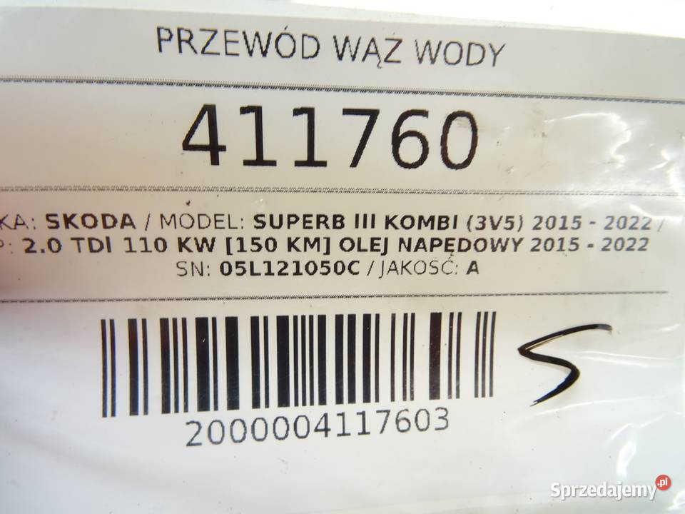 PRZEWÓD WĄŻ WODY SKODA SUPERB III 05L121050C 20