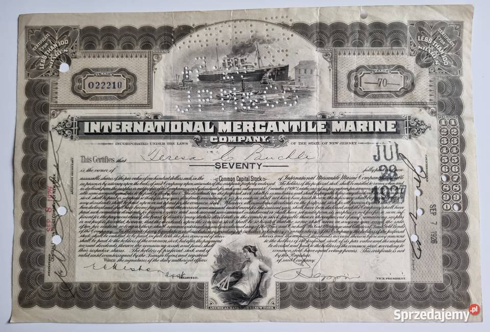 Antyczny certyfikat żeglugowy USA epoka Titanica Kołobrzeg