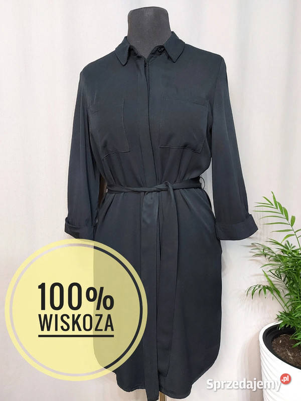 Czarna sukienka koszulowa z kołnierzykiem rękaw Złoczew