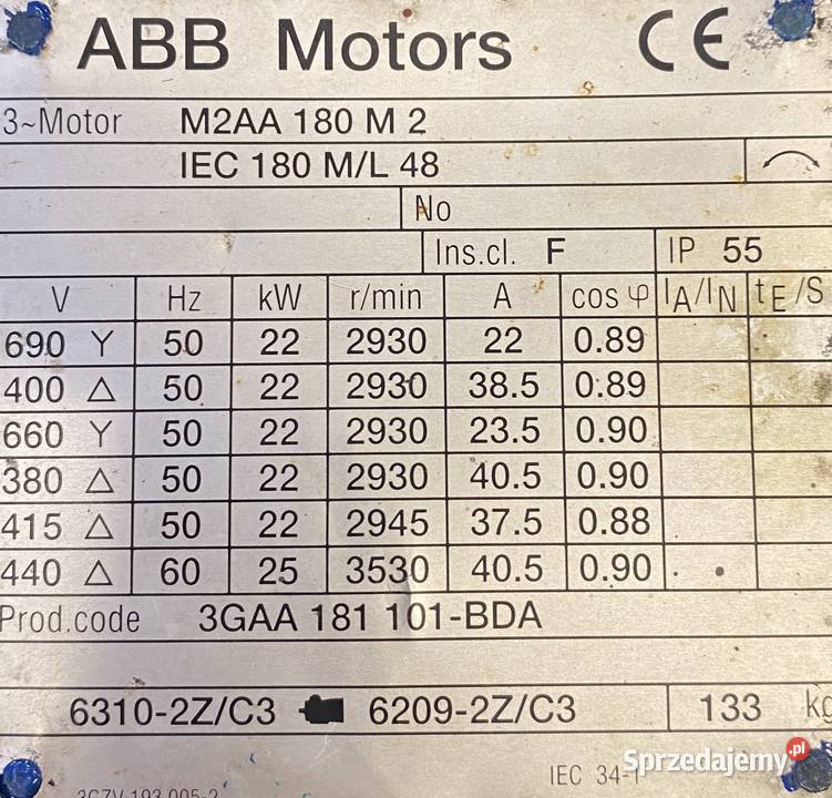 silnik elektryczny 22kW 2930obr 3fazowy ABB Pigża