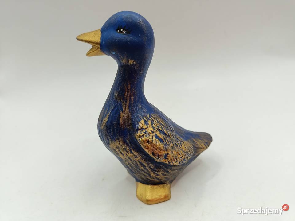 Kaczka niebiesko złota ceramiczna ptak drób Zamość