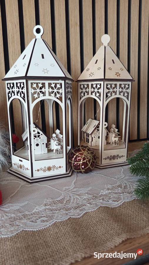 Drewniany lampion LED z domkiem i reniferem Bełchatów