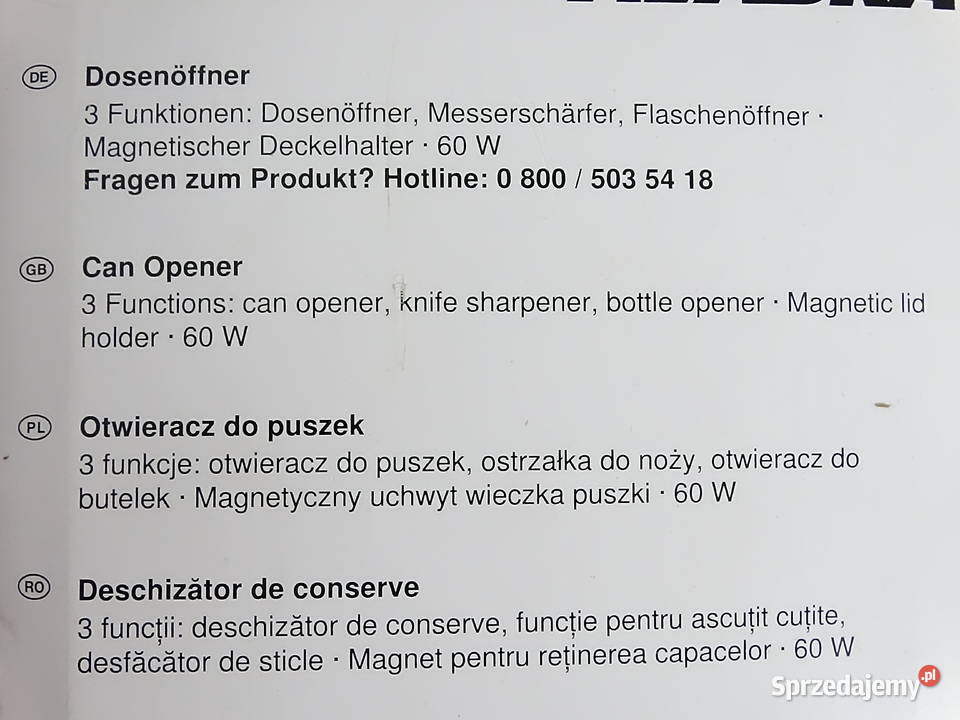 Nowy elektryczny otwieracz do puszek ALASKA CO lubelskie Biłgoraj