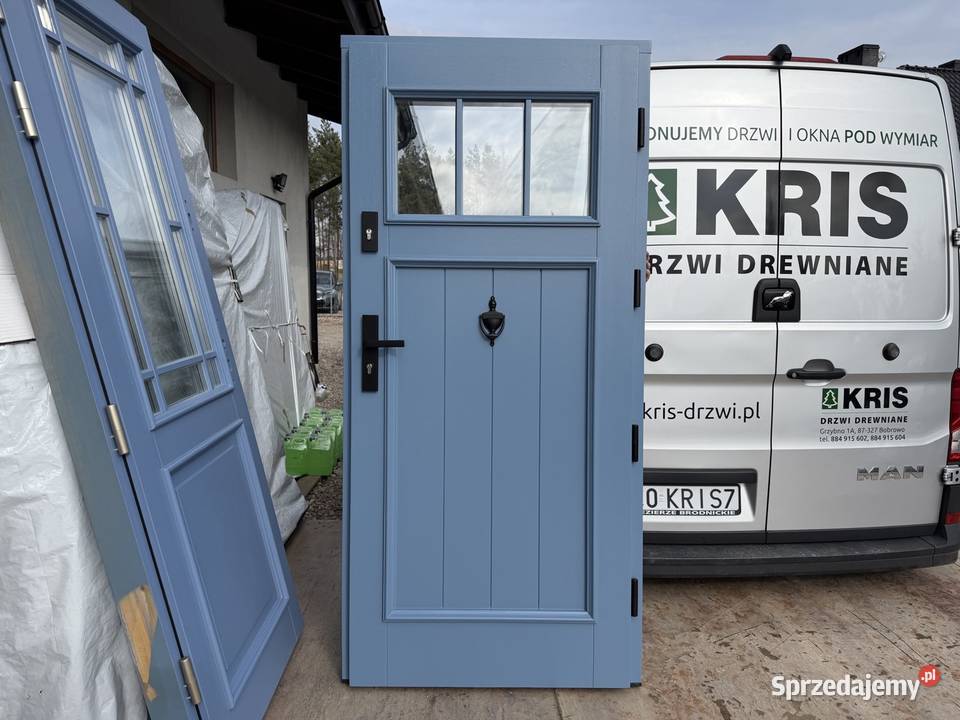 Drzwi zewnętrzne drewniane RĘKI niebieskie Kraków