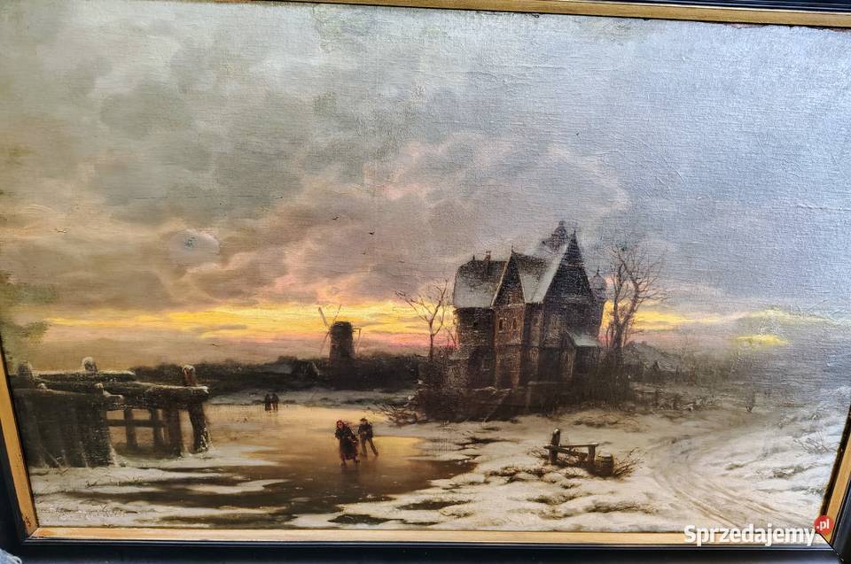 Stary obraz olejny Zima lodowisko Kartuzy sprzedam