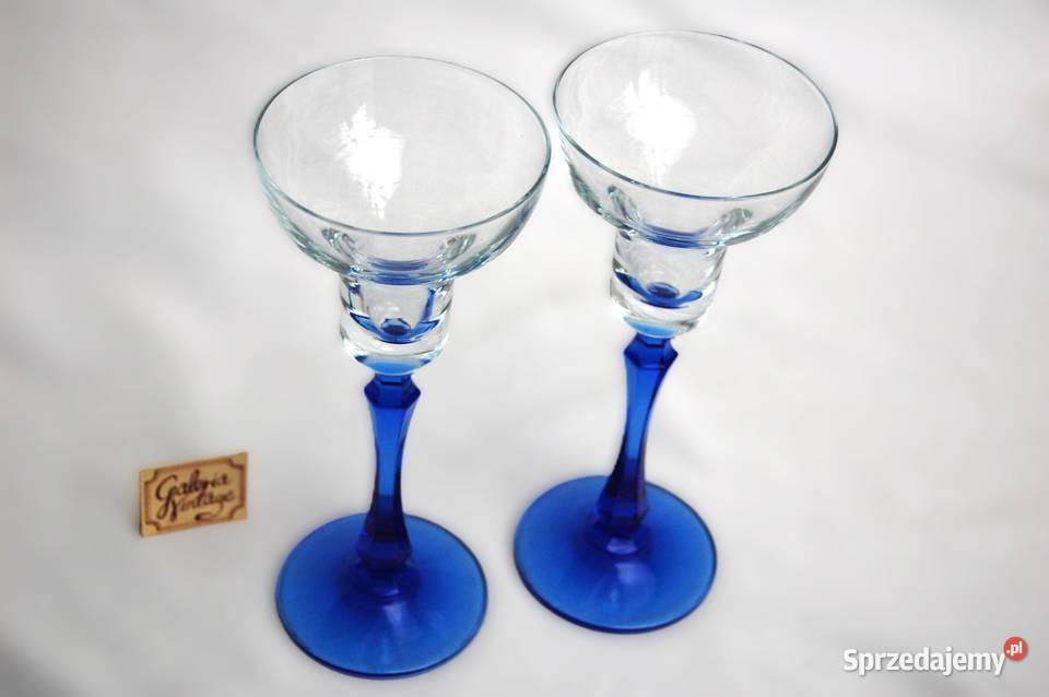 Dwa kryształowe świeczniki kielichy błękitne niebieski Lublin