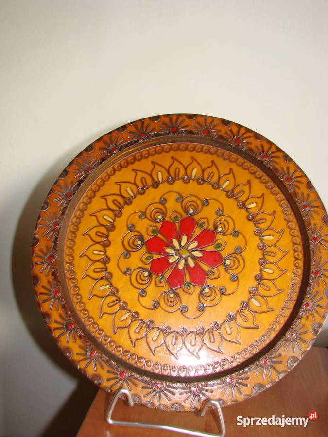 drewniany talerz dekoracyjny PRL Pruszcz Gdański