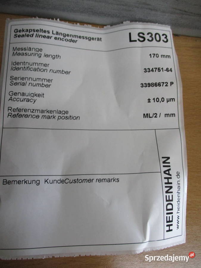 Liniał HEIDENHAIN LS 303 ML 170mm ID 334 75164 Mogilno