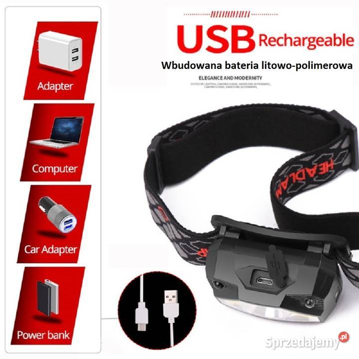 Latarka czołowa USB czujnik ruchu 8 trybów pracy Turystyka Lublin