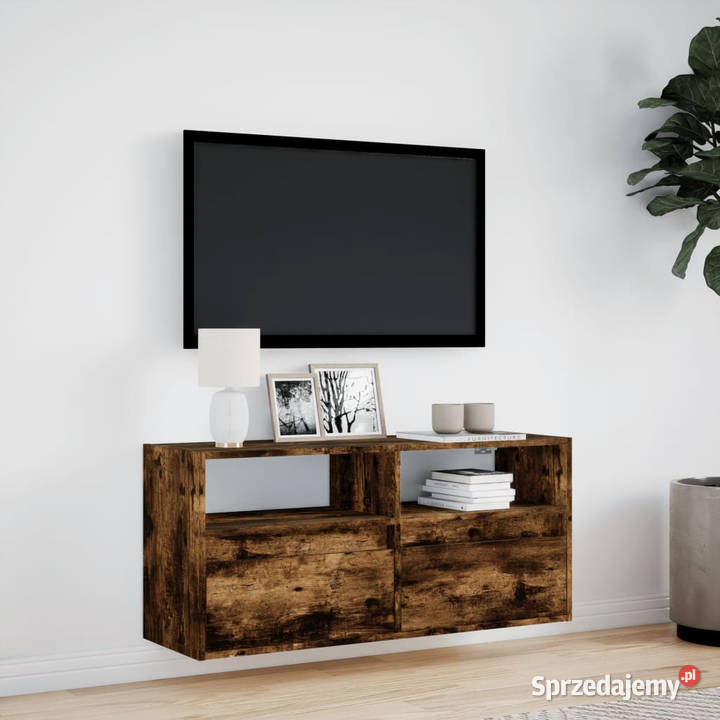 Ścienna szafka TV z LED przydymiony dąb