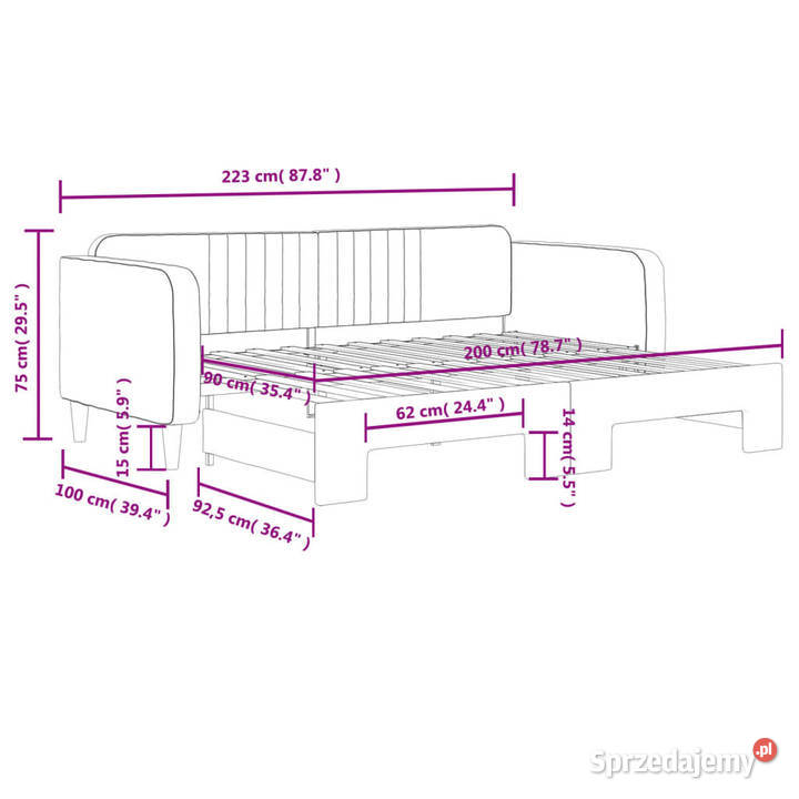 Sofa rozsuwana ciemnoszara aksamit 90x200 Warszawa