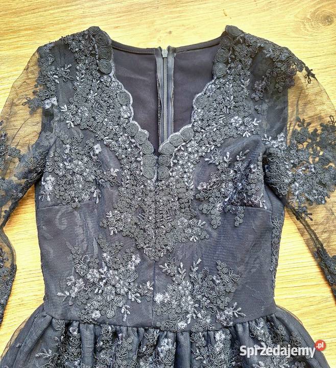 Piękna elegancka koronkowa granatowa sukienka z długi Kraków