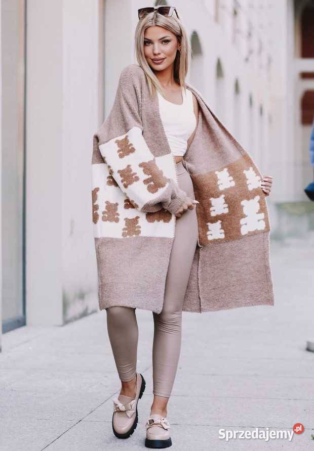 Długi Kardigan Oversize Daisy Beżowy Bez kaptura  Nowy Kawęczyn