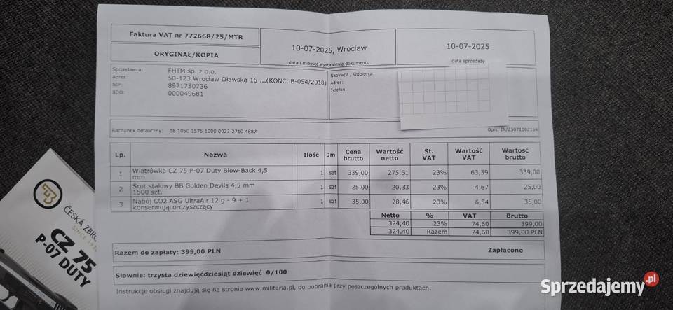 Wiatrówka CZ 75 P07 Duty Blow Back 45 mm