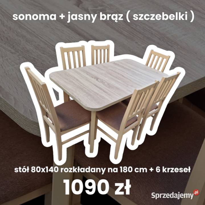 Nowe: Stół 80x140/180 + 6 krzeseł, sonoma + jasny brąz