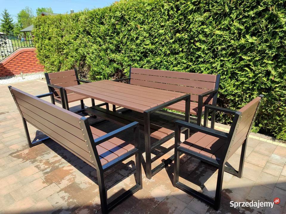 Zestaw ogrodowo/tarasowy drewniano-metalowy (2 ławki, 2 krzesła, stół)