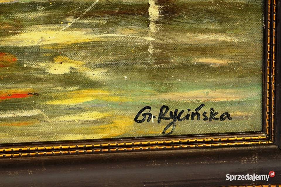 Duży obraz olejny na płycie Połów w Porcie wym Warszawa