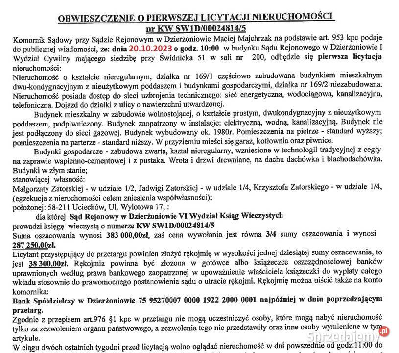 Do sprzedania na licytacji komorniczej dom TANIO 4000m2 dolnośląskie