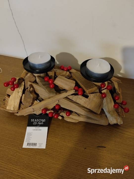 Świecznik z naturalnego drewna na duże świeczki Krzesin sprzedam