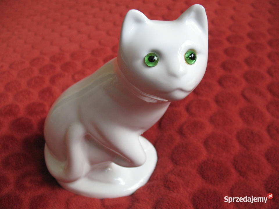Kot biały duży z zielonymi oczami Porcelana 18 x