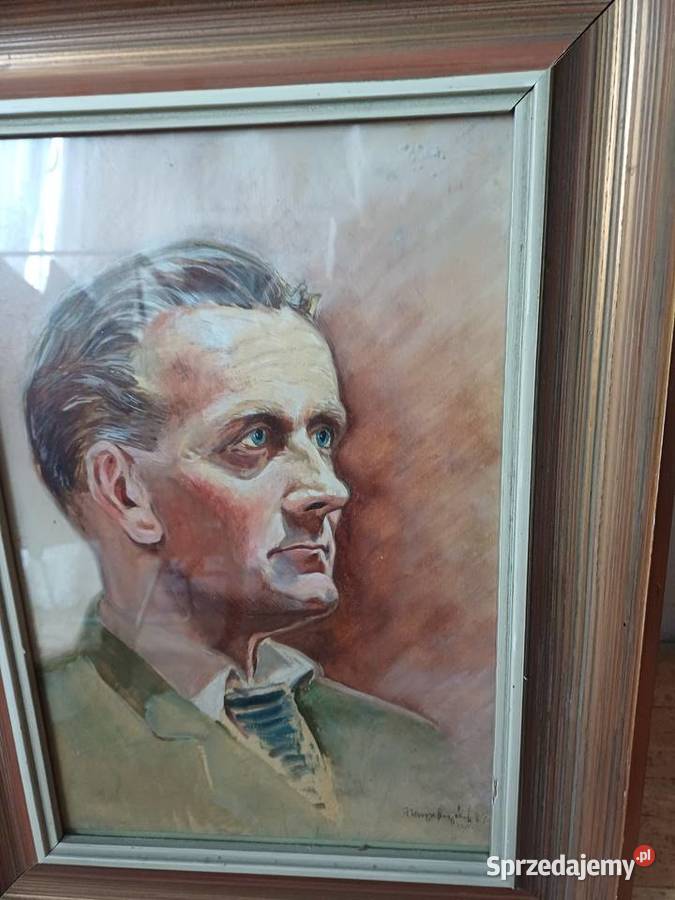 Stary obraz akwarela szklem sygnowana w prawym Lubań