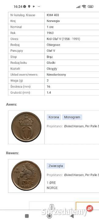 Moneta z wiewiórką 1 ore Norwegia 1963 Wrocław