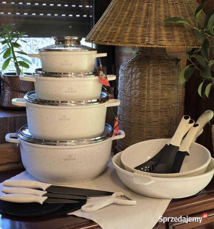 369 Garnki biały marmur 21 elementow Zilner Zabrze sprzedam