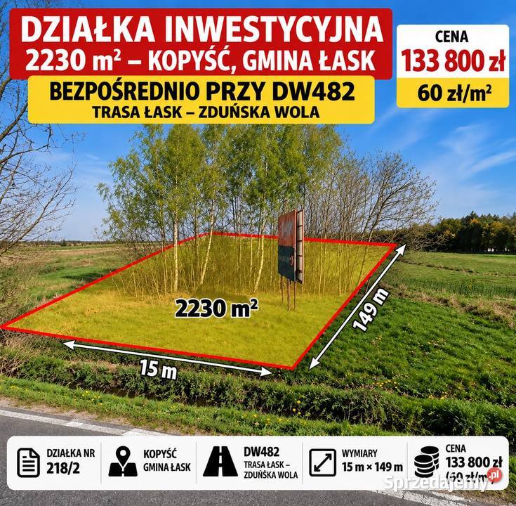 Działka inwestycyjna 2230 m² | Kopyść | DW 482 | 60 zł/m²