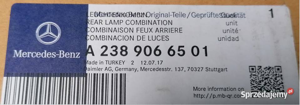 MERCEDES EKLASA COUPE C238 KLASA LAMPA TYŁ LEWY Września