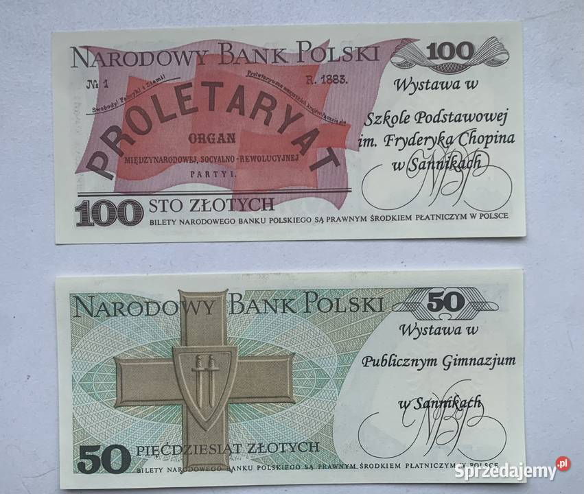 Banknoty 50 1988 100 1986 wystawa Sanniki Łowicz