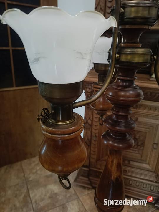Stara lampa stojąca drewniana z trzema kloszami Lampy podłogowe Lipno