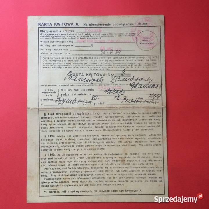 1807 Karta Kwitowa Ubezpieczenia Ziemborski Szczecin