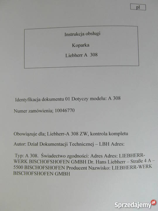 INSTRUKCJA OBSŁUGI DTR KOPARKA LIEBHERR A308 i