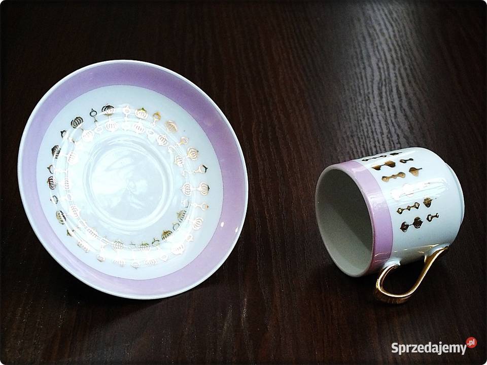 Mała Filiżanka spodek Porcelana różowa ze złotem Filiżanki i spodki Żary sprzedam