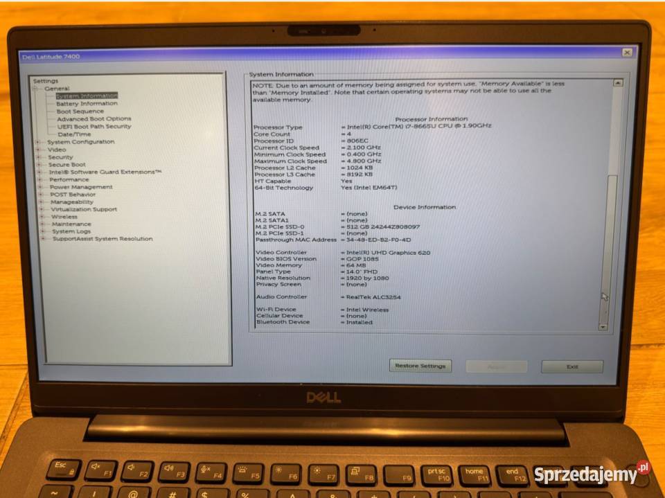 Laptop Dell Latitude 7400 i78665U 32GB dysk m2 małopolskie Kraków