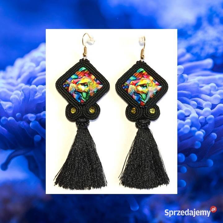 KOLCZYKI KWADRATY Z GRAFIKĄ KOTA czarne SUTASZ mazowieckie Warszawa